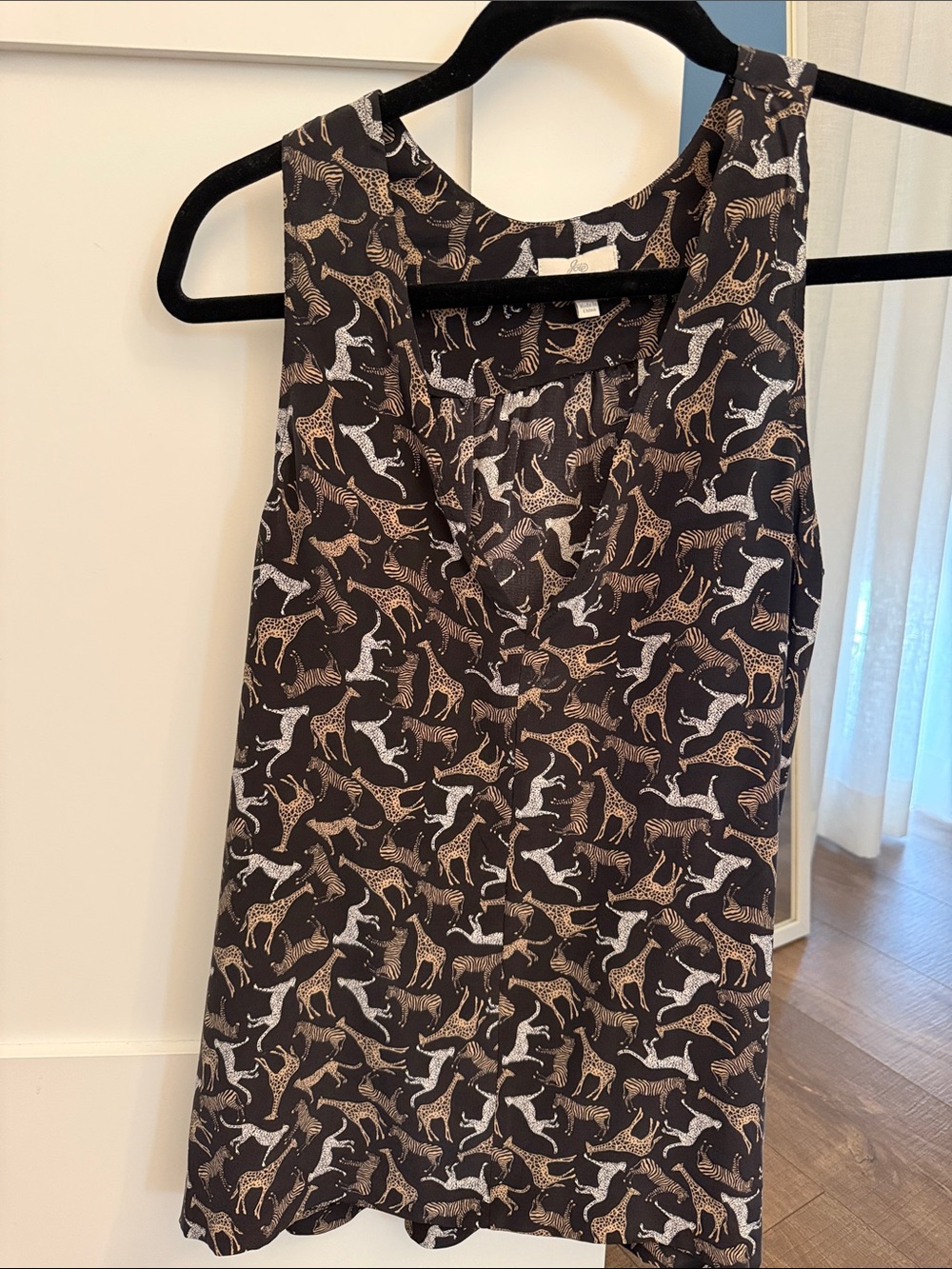 Joie silk Black Sleeveless V-Neck Camisole with Brown and White Giraffe Print